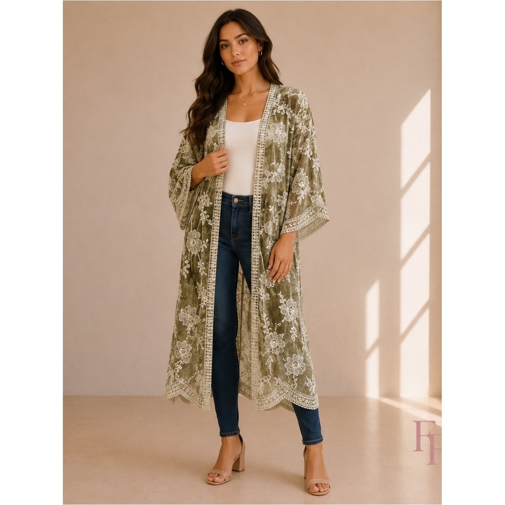 Raj Emery Embroidered Duster Kimono Olive Green White Floral Lace One Size - Picture 1 of 10